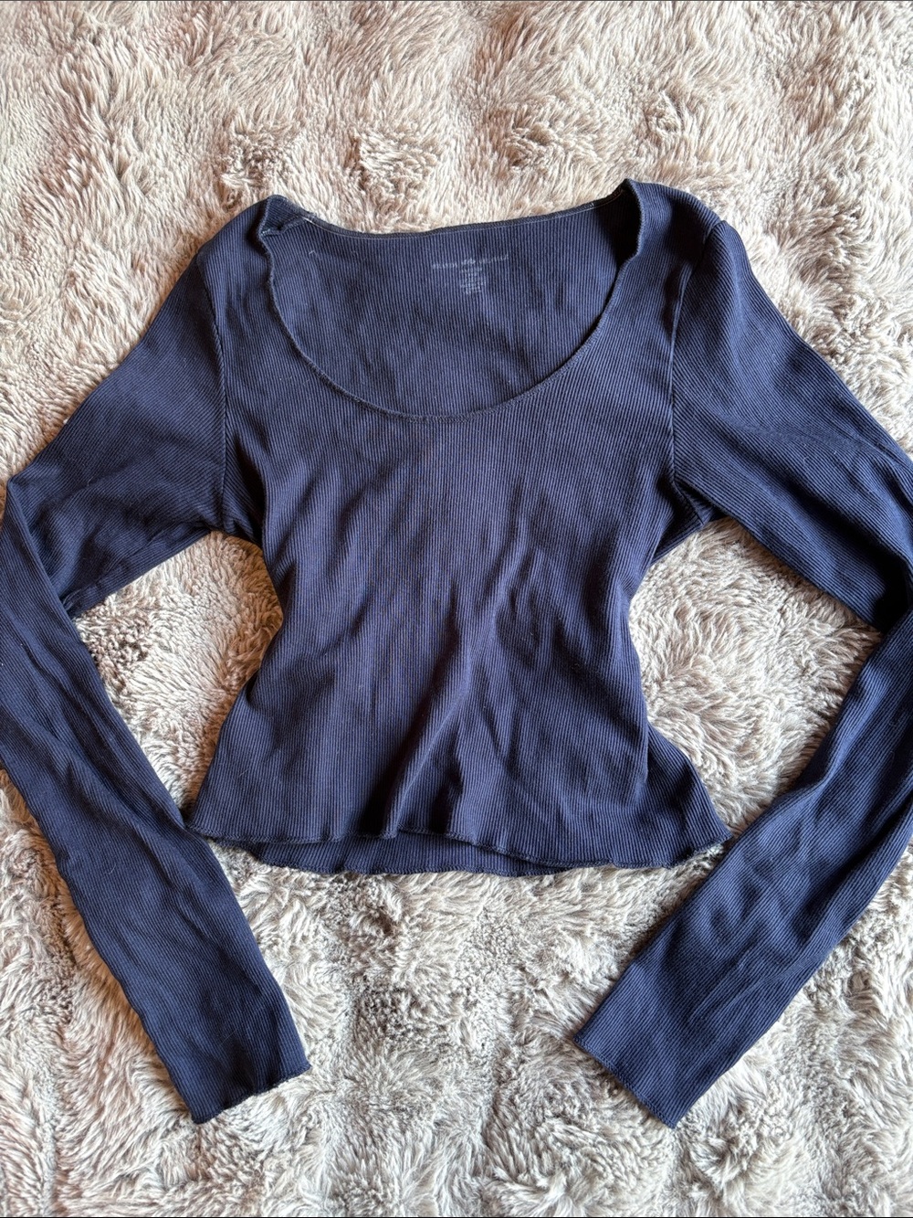 Brandy Melville Navy Ribbed Scoop Neck Long Sleeve Top
